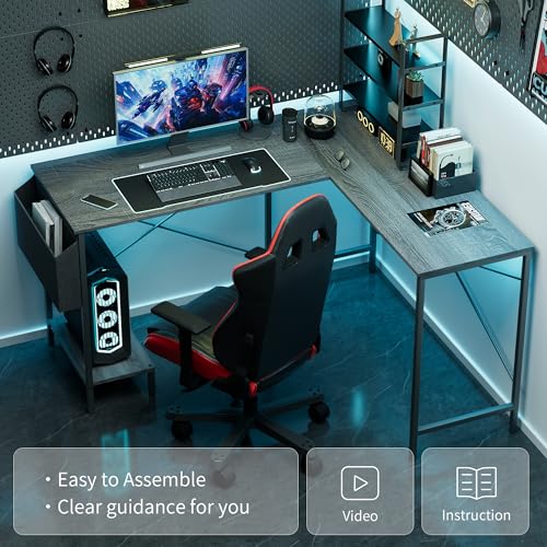 InfiniPower L Shaped Desk Gaming Computer 50 Inch Reversible Corner Table PC Work Table for Writing Study Student with Wood Tabletop Metal Frame CPU Stand Side Bag for Home Office Small Place
