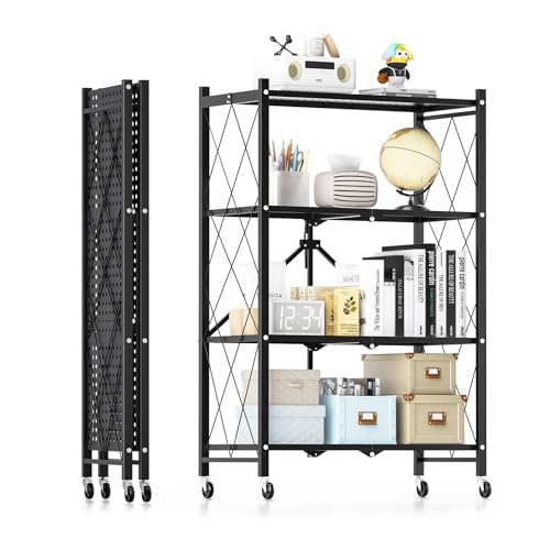 3-Tier Heavy Duty Foldable Metal Rack Storage Shelving Unit with Wheels Moving Easily Organizer Shelves Great for Garage Kitchen Holds up to 750 lbs Capacity, Black