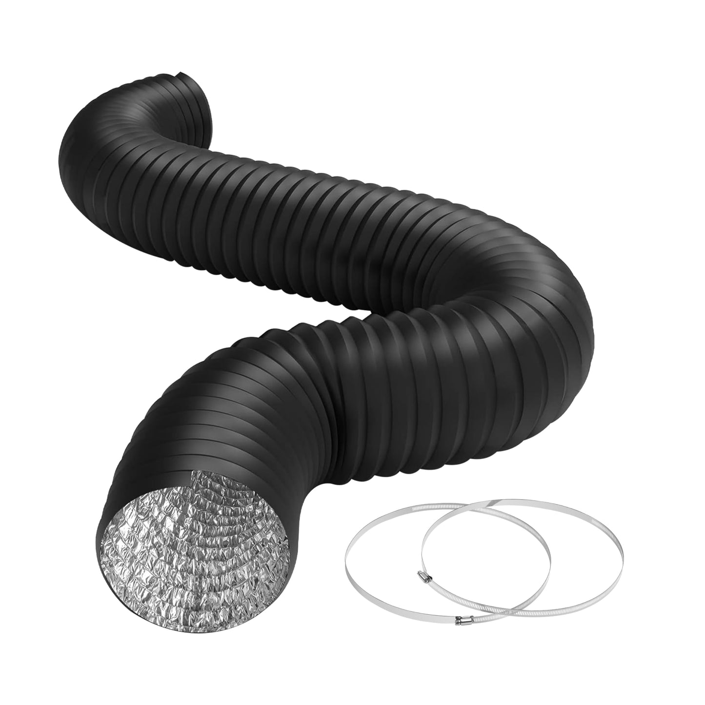 iPower Flexible 6 Inch 8 Feet Aluminum Ducting 4 Layer Protection Dryer Vent Hose for HVAC Heating Cooling Exhaust and Ventilation, 2 Clamps Included, Black