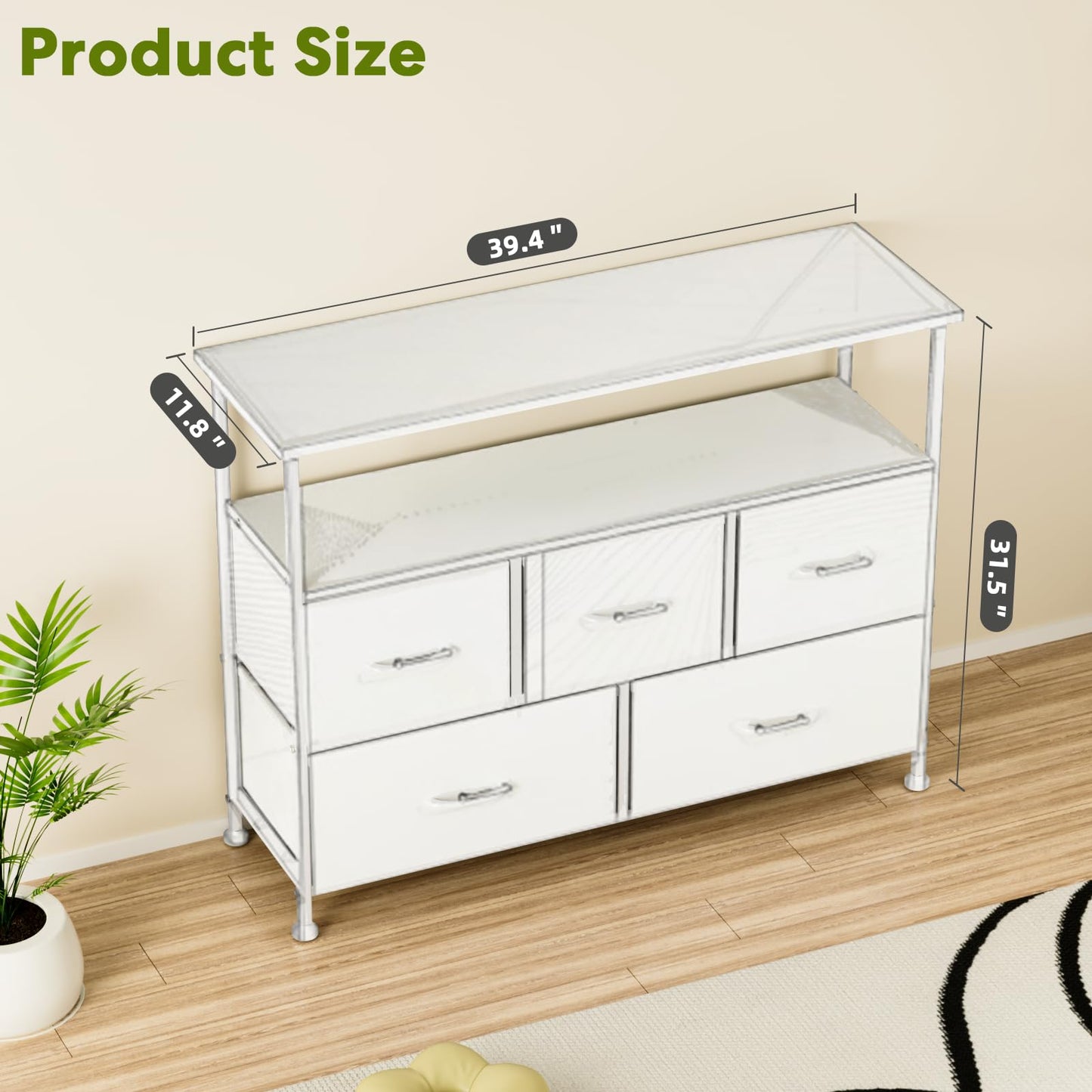 Simple Deluxe TV Stand Dresser for Bedroom Entertainment Center with 5 Fabric Drawers, Storage Organizers Units for Living Room, Media Console Table with Open Shelf up for 45" TV, Wood top