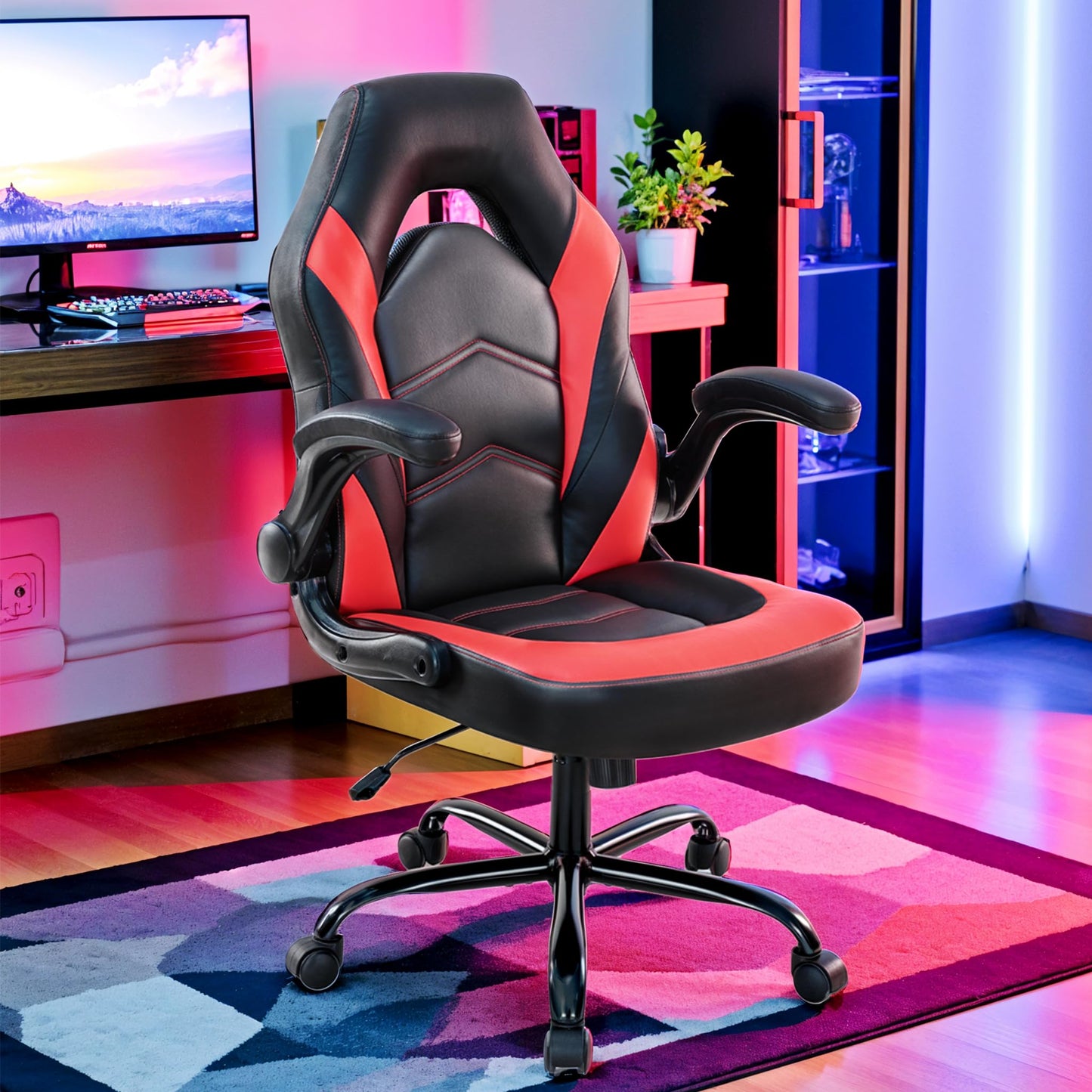 YSSOA Computer Gaming Chair PU Leather Ergonomic Lumbar Support with Flip-up Armrest and 360° Swivel Wheels, Height Adjustable Task Home Office Desk Video Racing, Red