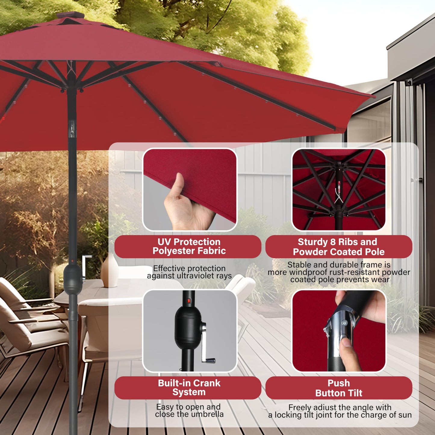 HealSmart 7.5ft Patio Umbrella with Push Button Tilt/Crank, Outdoor Table Market Yard Umbrella, 6 Sturdy Ribs for Garden, Deck, Backyard, Pool
