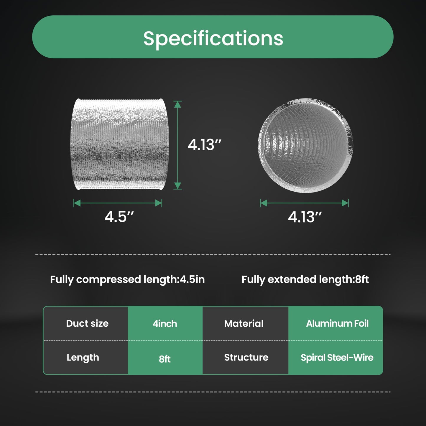 YSSOA 4 Inch 195 CFM Inline Duct Ventilation Fan Exhaust Fan, 8 Feet Long Flexible Dryer Vent Hose Aluminum Ducting for Grow Tent Air Circulation, Attic, Greenhouse