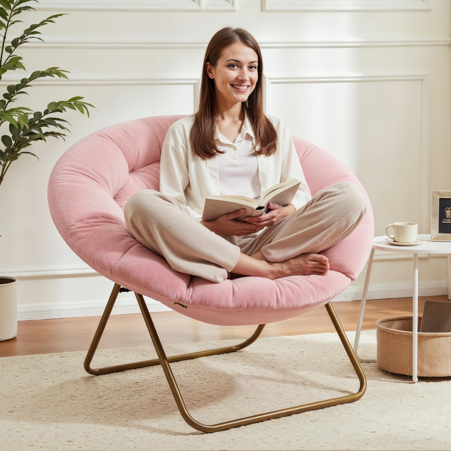 YSSOA Saucer Chair, Comfy Faux Fur Chair for Bedroom, Saucer Chairs for Adults, Teens, Round Shaped Moon Chair with Foldable Metal Frame