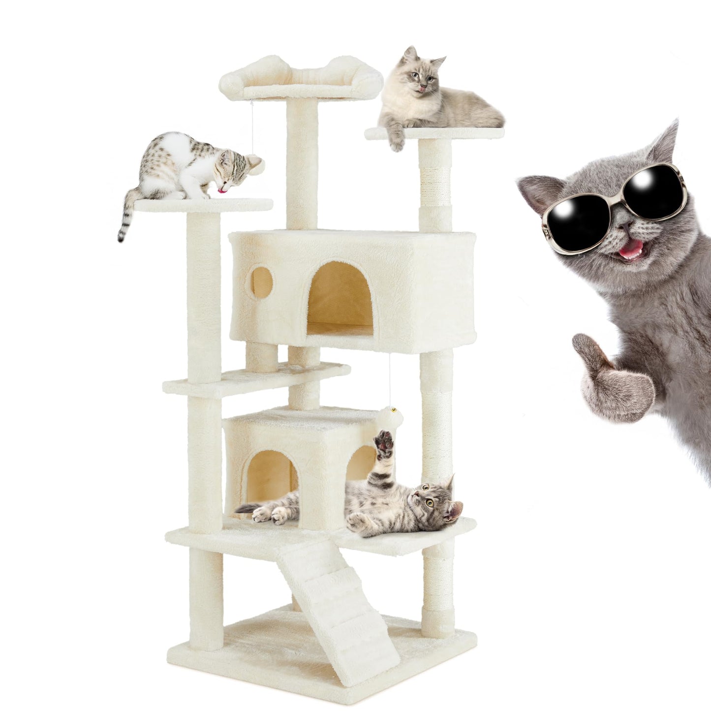 54 Inches Cat Tree Condo Furniture, Cat Tree for Indoor Cats, Cozy Hammock and Sisal Scratching Posts, Cat Tower Multi-Level Durable Cat Scratch Post for Kittens Pet House Play, Detachable, Beige