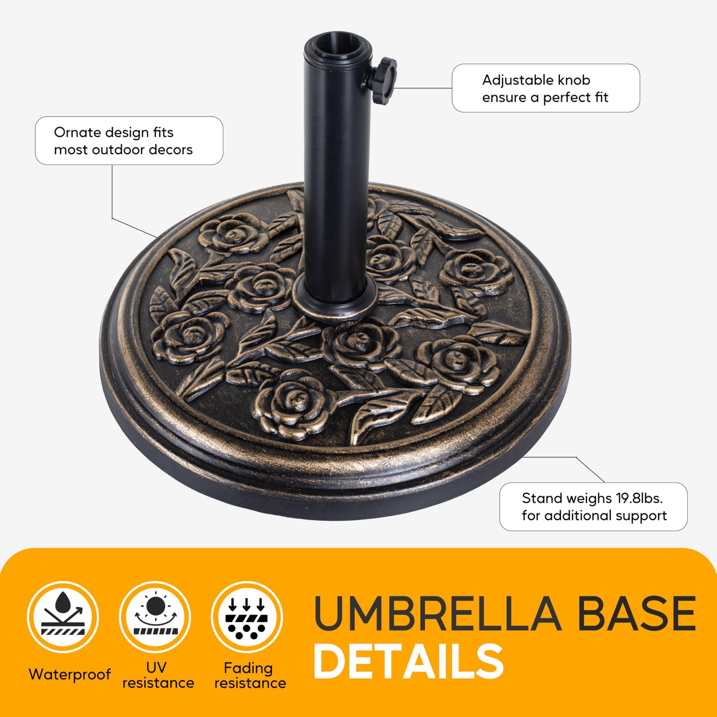 HealSmart Heavy Duty Round Stand Market Umbrella Base Holder for Patio, Outdoor, Deck, Lawn, Garden, Poolside, Bronze