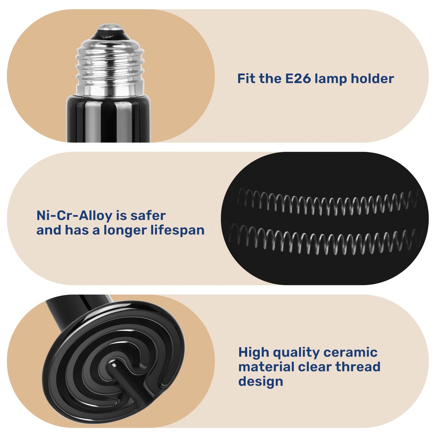 YSSOA 100W Ceramic Heat Emitter, Reptile Heat Bulbs, Ceramic Heat Lamp for Reptiles, Amphibian, Chicken, Dog, Cat, 1 Pack, Black