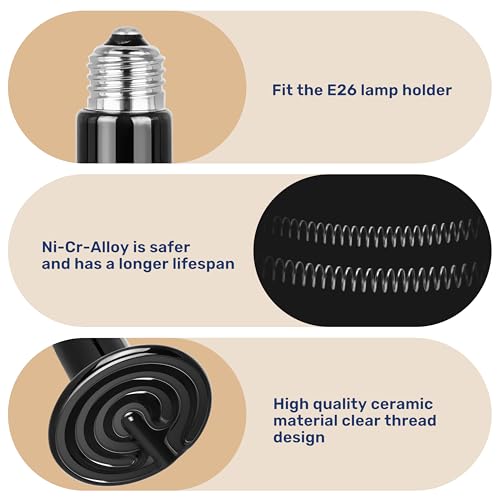 YSSOA 100W Ceramic Heat Emitter, Reptile Heat Bulbs, Ceramic Heat Lamp for Reptiles, Amphibian, Chicken, Dog, Cat, 1 Pack, Black