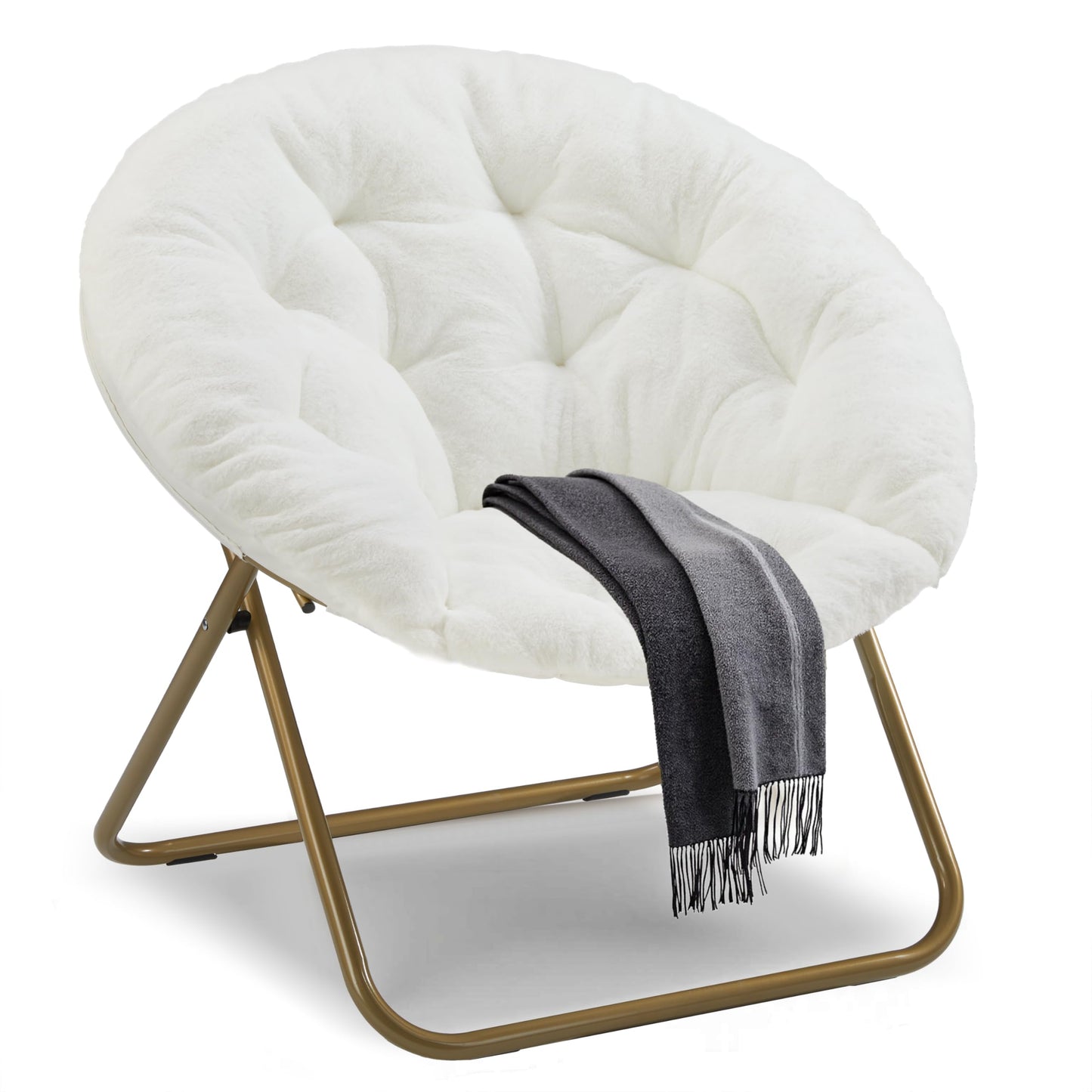 Saucer Chair Comfy Faux Fur, Folding Moon Chair with Metal Frame, Cozy Round Chair, Lounge Lazy Chair for Living Room Bedroom Adults Kids Teens