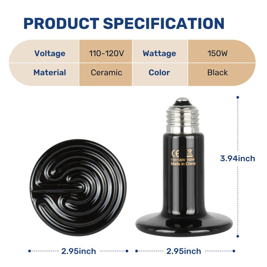YSSOA 100W Ceramic Heat Emitter, Reptile Heat Bulbs, Ceramic Heat Lamp for Reptiles, Amphibian, Chicken, Dog, Cat, 1 Pack, Black