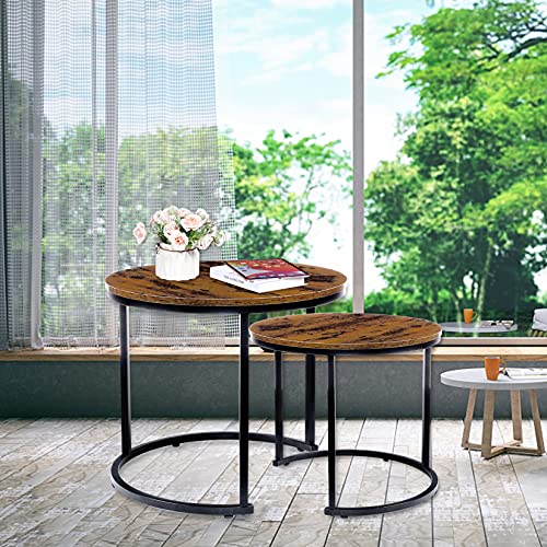 YSSOA Nesting Set of 2 for Living Room Balcony Office, Round Wood Accent Side Coffee Tables with Sturdy Metal Frame, Easy Assembly, Rustic Brown