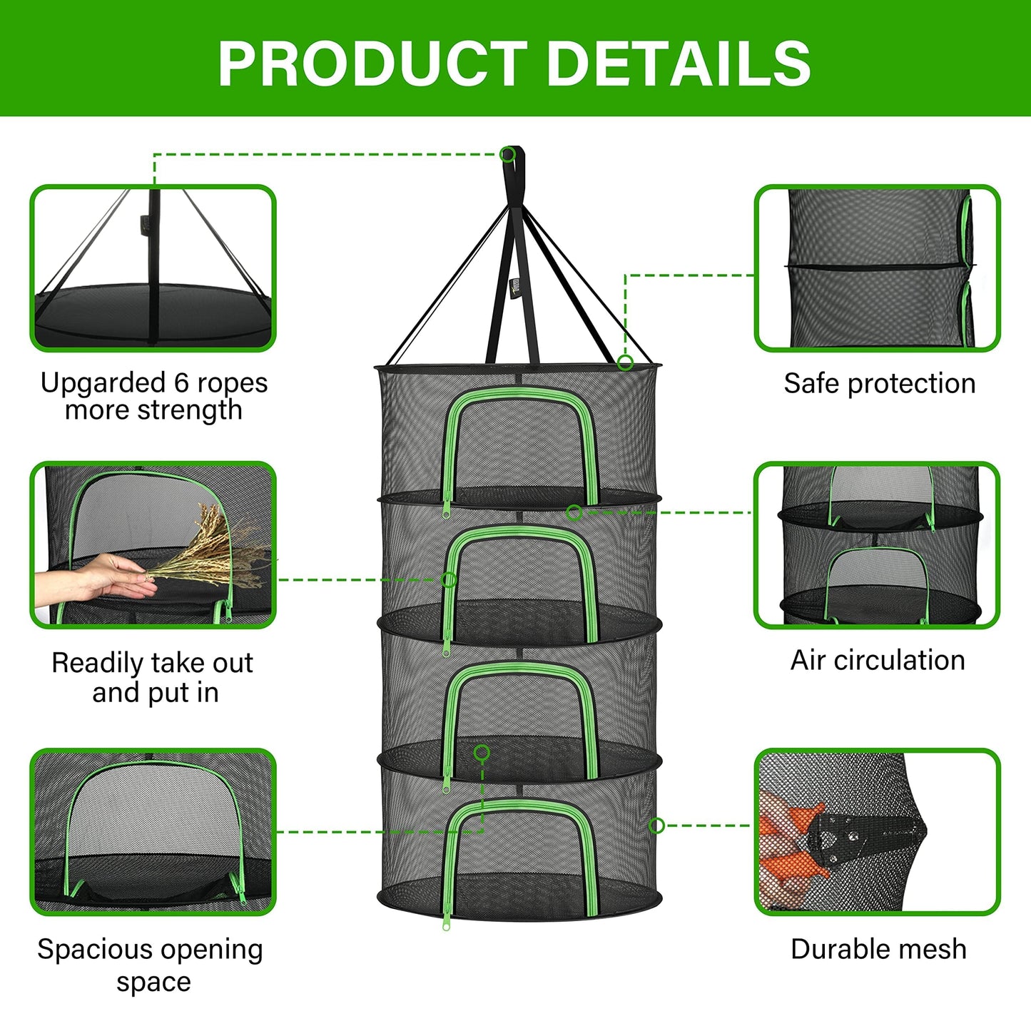 YSSOA 4 Layer 24'' Herb Drying Rack, Hanging Dry Mesh Folding Basket Dryer with Detachable Design & Hook for Plants, Herbs, Seeds and Buds in Grow Tent, Closet, Hydroponics, Garden Outdoor