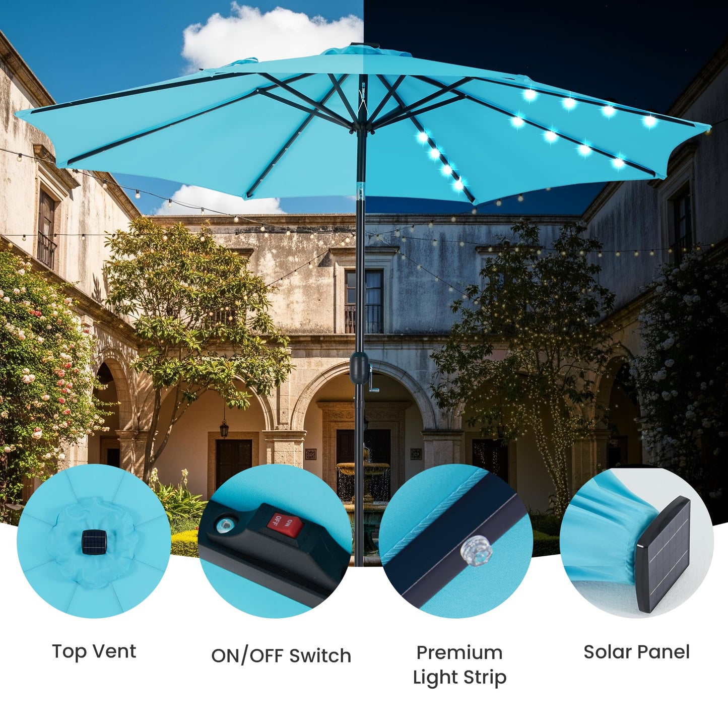 Simple Deluxe 10' Solar Patio Umbrella 32 LED Lighted Table Market Umbrellas with Push Button Tilt/Crank Outdoor Umbrella for Garden, Deck, Backyard and Pool