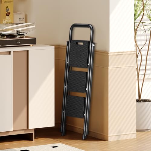 Simple Deluxe 3 Step Ladder, Step Stool Foldable, 800lbs Portable Ladder with Wide Anti-Slip Pedal, Step Stool for Adults, Lightweight Step Ladder for Home Kitchen and Outdoor
