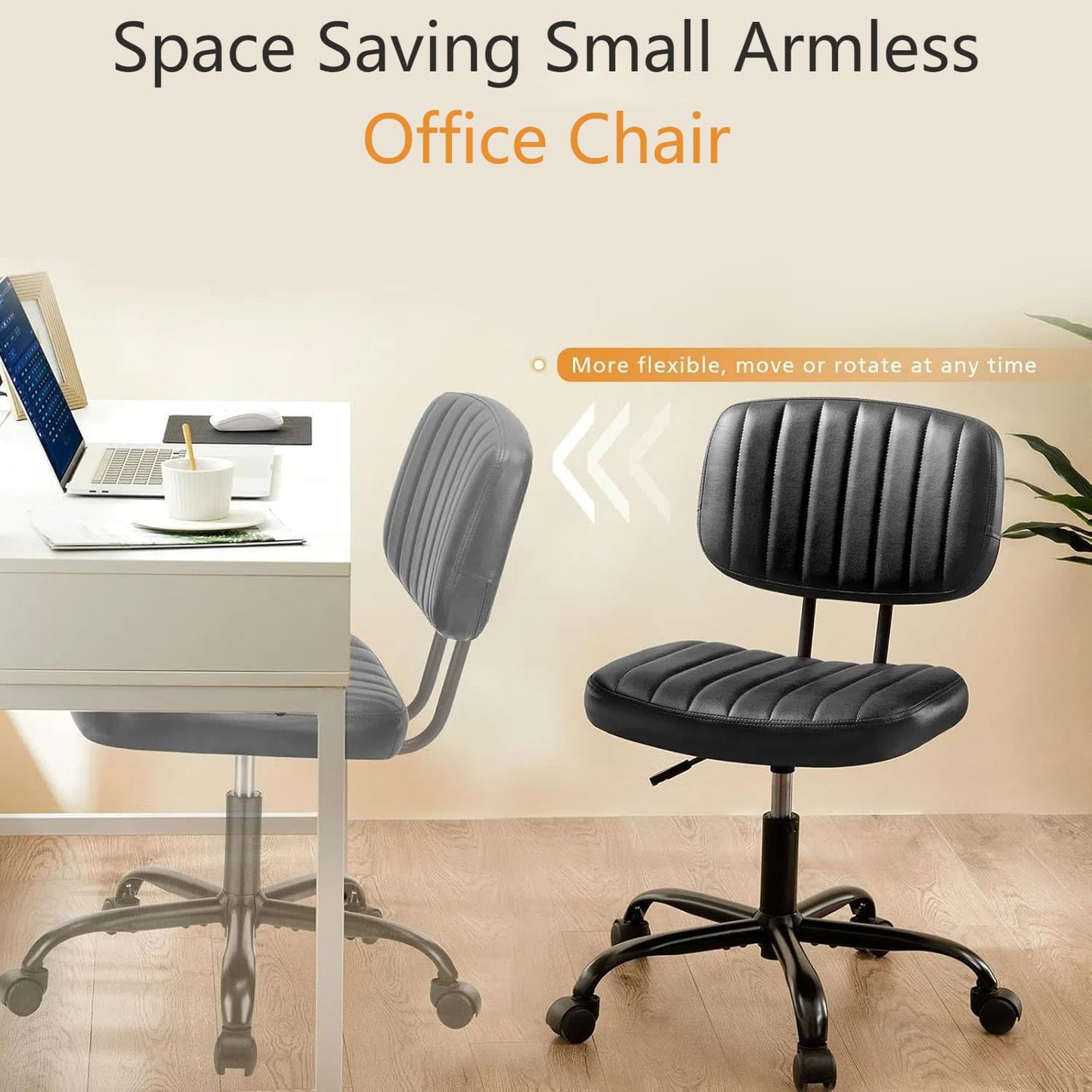 HealSmart Small Office Desk Chair with Wheels, Armless Desk Chair with Lumbar Support, PU Leather Low Back Adjustable Height 360° Rolling Swivel Task Chair Without Arm for Home, Bedroom,Office