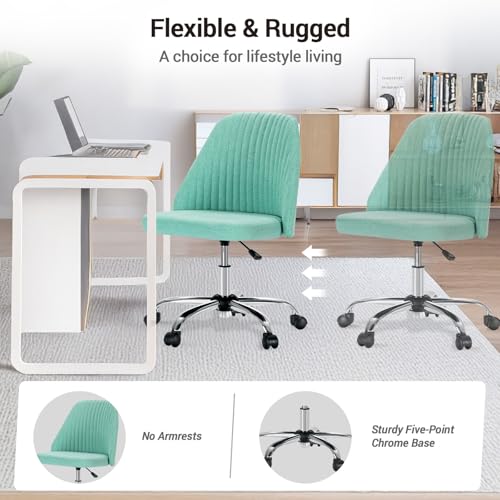 YSSOA Office Desk Chair with Back and Wheels Computer Fabric Chair Armless Adjustable Height Comfy Vanity Chair with Swivel Rolling Home Chairs for Bedroom Adult Green