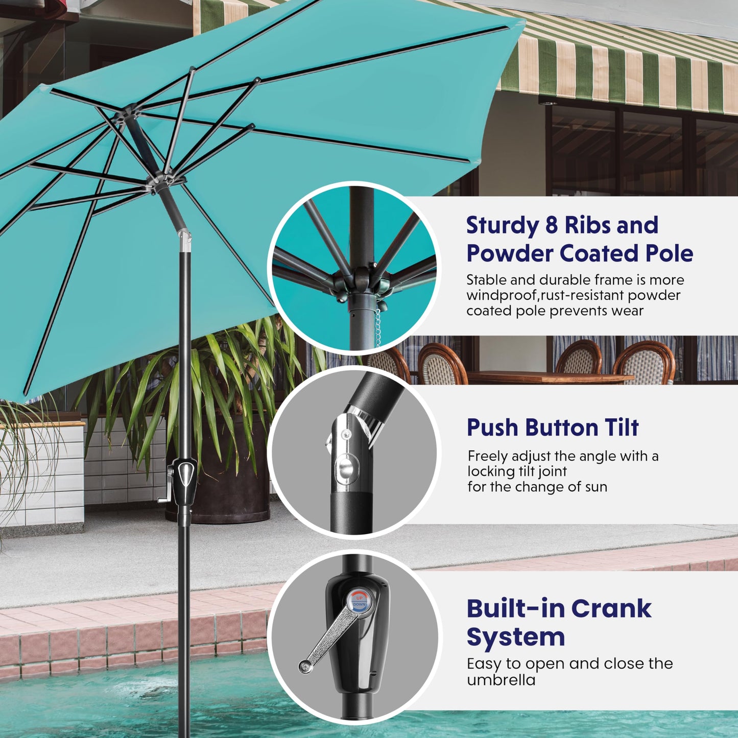 iPower 9ft Patio Umbrella Outdoor Table Umbrellas with 8 Sturdy Ribs, Push Button Tilt and Crank for Yard, Pool and Garden