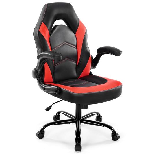 YSSOA Computer Gaming Chair PU Leather Ergonomic Lumbar Support with Flip-up Armrest and 360° Swivel Wheels, Height Adjustable Task Home Office Desk Video Racing, Red