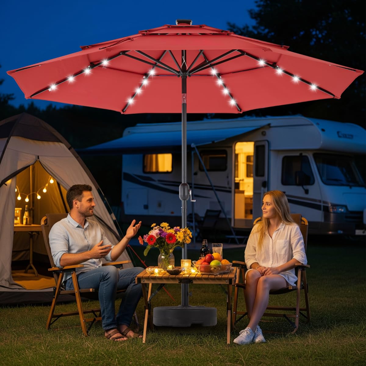 Simple Deluxe 10' 3-Tiers Solar Patio Umbrella 32 LED Lighted Table Market Umbrellas with Push Button Tilt/Crank Outdoor Umbrella for Garden, Deck, Backyard and Pool