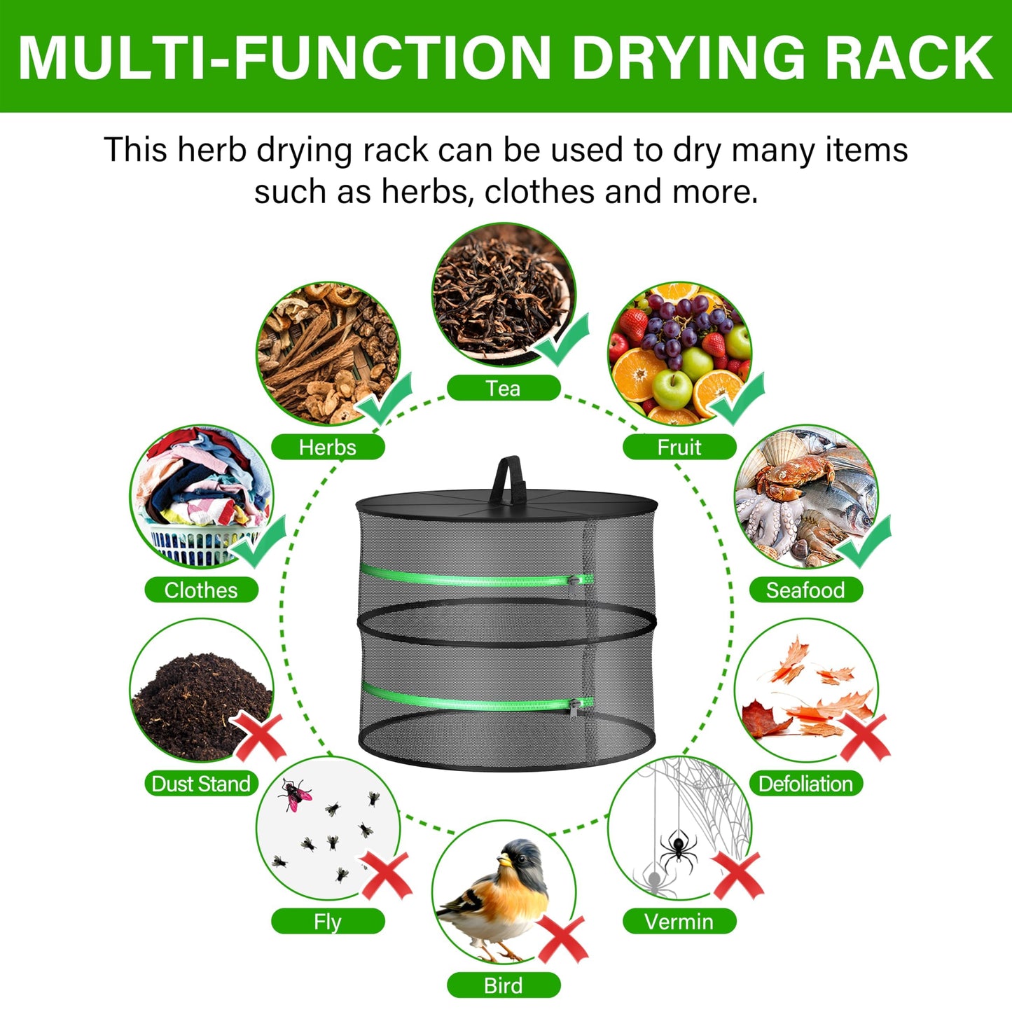 YSSOA Herb Drying Rack Zippered Hanging Dryer with Garden Pruning Shear and Hook for Hydroponics Herb, Plant, Seed, Bud