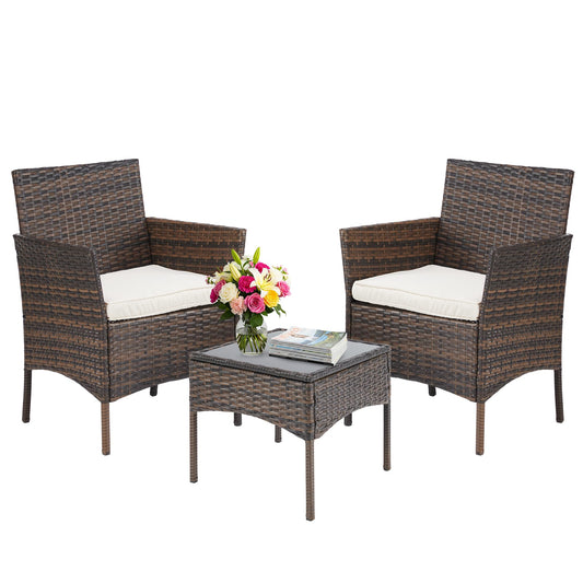 Simple Deluxe 3-Piece Patio Set, PE Rattan Chairs with Cushions & Glass Table, Waterproof Outdoor Conversation Set for Garden, Backyard, Balcony