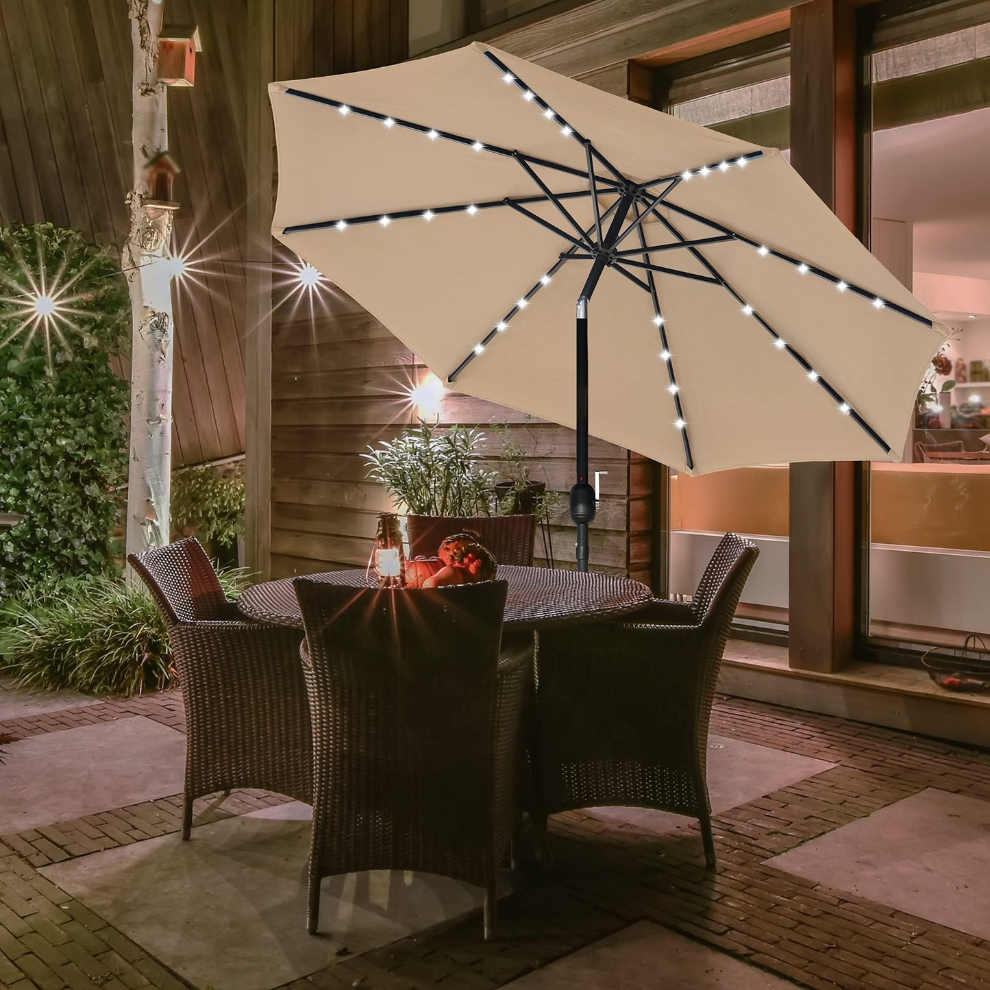 Simple Deluxe 9' Solar Umbrella 32 LED Lighted Patio Umbrella Table Market Umbrella for Garden, Deck, Backyard and Pool