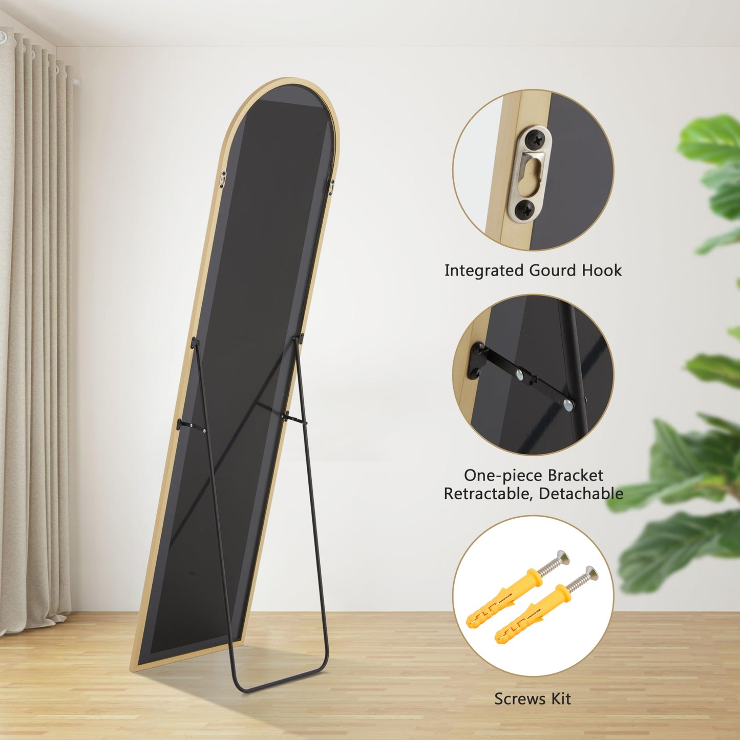 Simple Deluxe 64"×21" Large Arched Body Length Mirror, Full Length Mirror for Home Wall Decor, Floor with Stand for Bedroom Decor, Gold