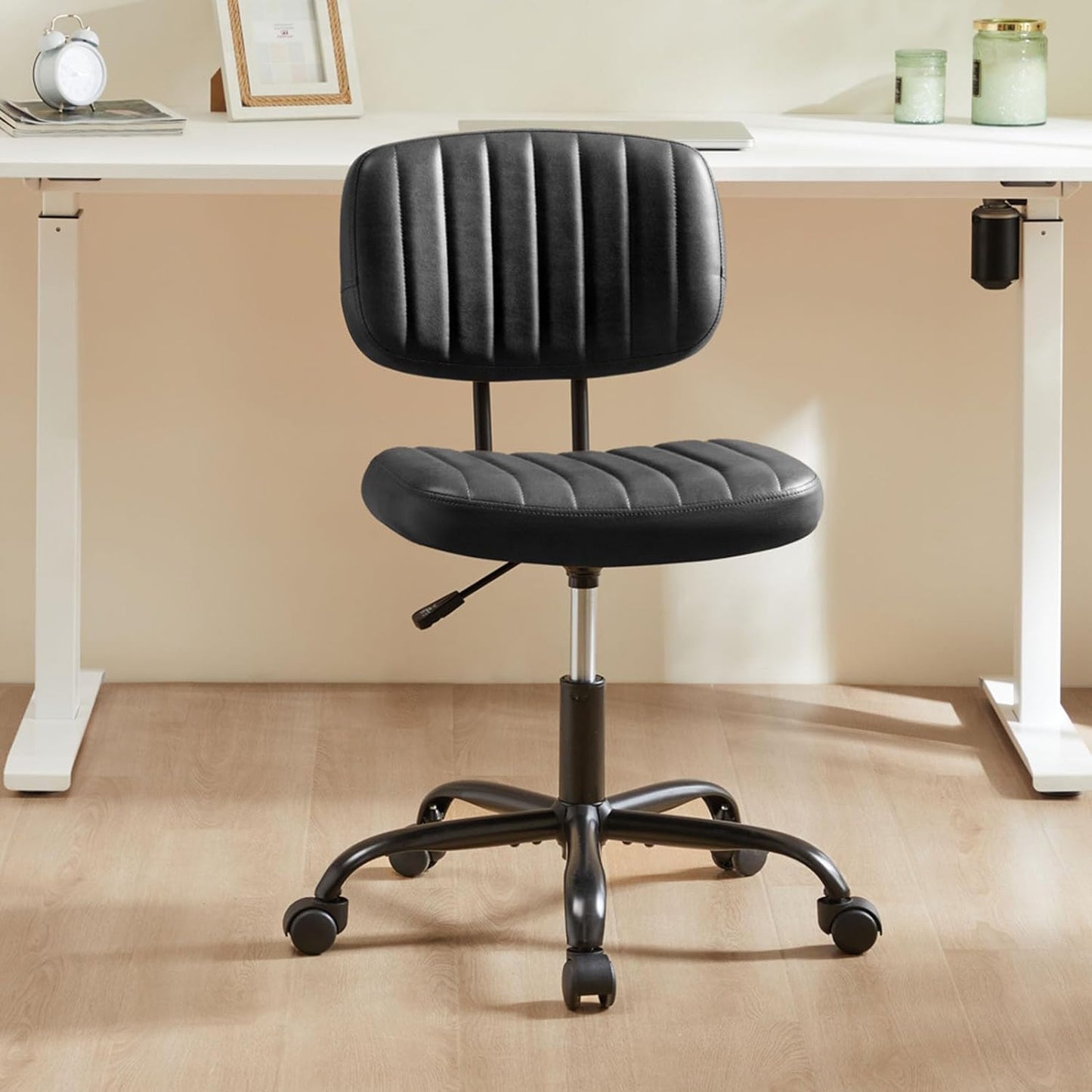 HealSmart Small Office Desk Chair with Wheels, Armless Desk Chair with Lumbar Support, PU Leather Low Back Adjustable Height 360° Rolling Swivel Task Chair Without Arm for Home, Bedroom,Office