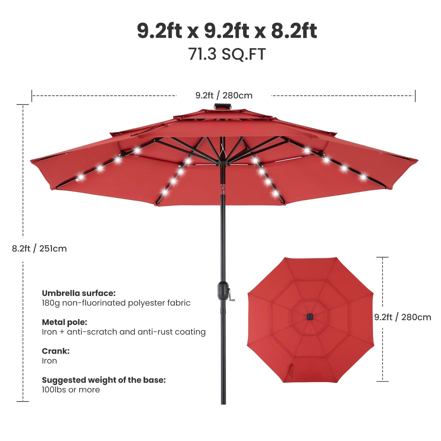 Simple Deluxe 10' 3-Tiers Solar Patio Umbrella 32 LED Lighted Table Market Umbrellas with Push Button Tilt/Crank Outdoor Umbrella for Garden, Deck, Backyard and Pool