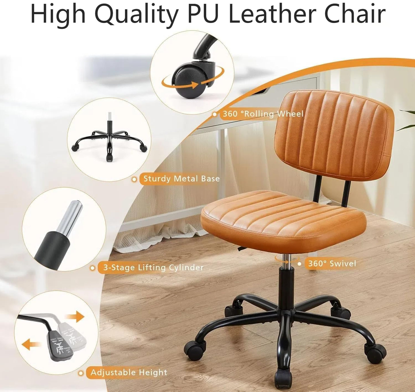HealSmart Small Office Desk Chair with Wheels, Armless Desk Chair with Lumbar Support, PU Leather Low Back Adjustable Height 360° Rolling Swivel Task Chair Without Arm for Home, Bedroom,Office