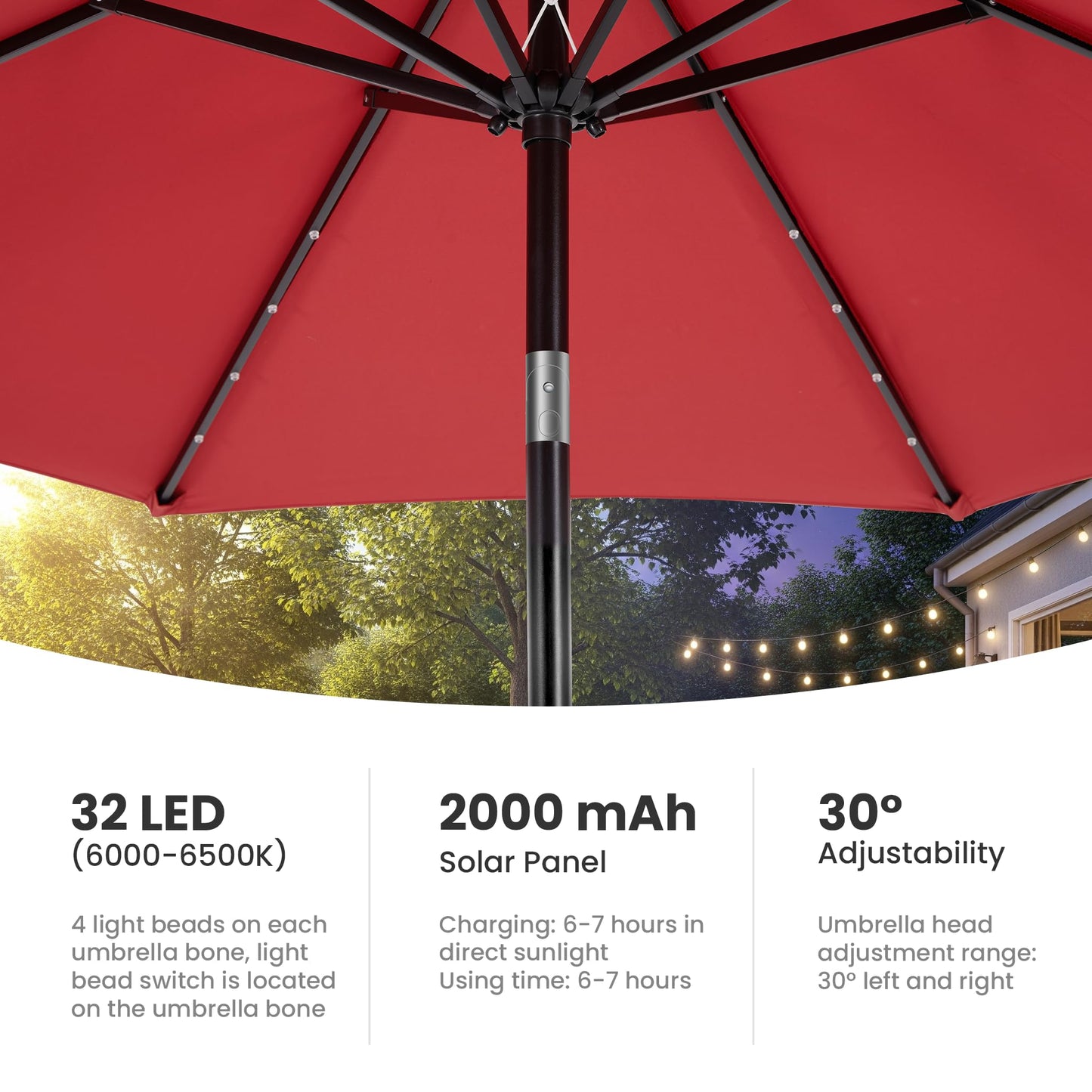 Simple Deluxe 10' Solar Patio Umbrella 32 LED Lighted Table Market Umbrellas with Push Button Tilt/Crank Outdoor Umbrella for Garden, Deck, Backyard and Pool