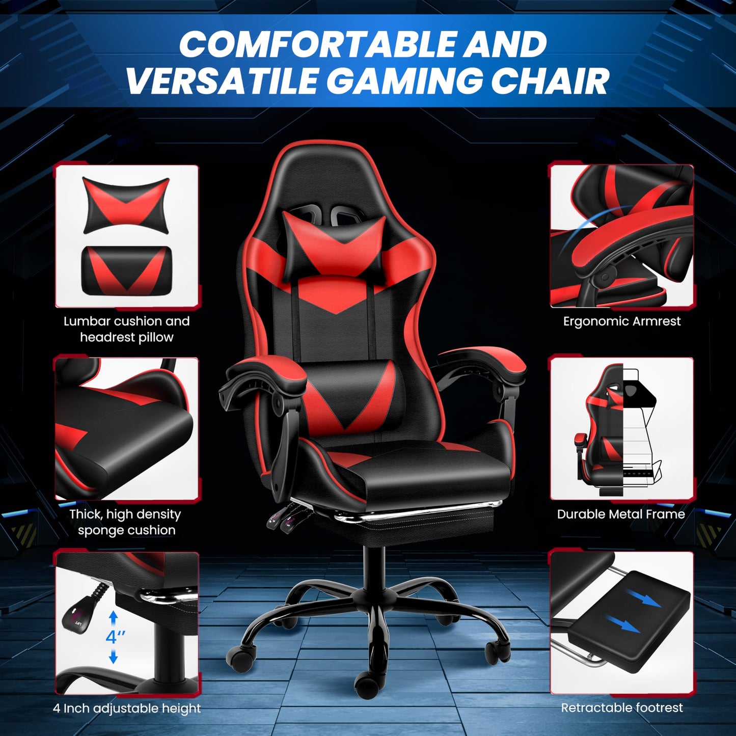 Simple Deluxe Gaming Chair, High Back Office Computer Desk Chair, Recliner Swivel Video Game Chair with Footrest, Adjustable Lumbar Support,Height Adjustable Seat and Backrest