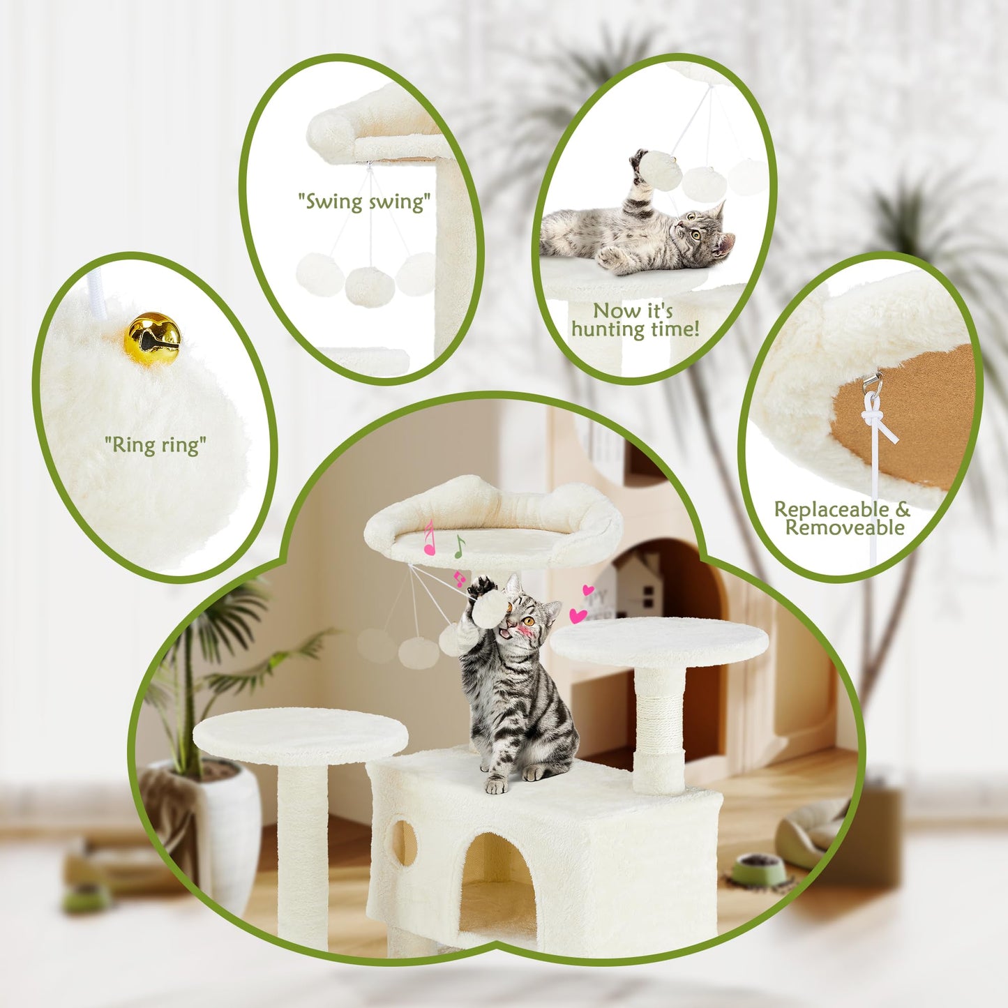 54 Inches Cat Tree Condo Furniture, Cat Tree for Indoor Cats, Cozy Hammock and Sisal Scratching Posts, Cat Tower Multi-Level Durable Cat Scratch Post for Kittens Pet House Play, Detachable, Beige