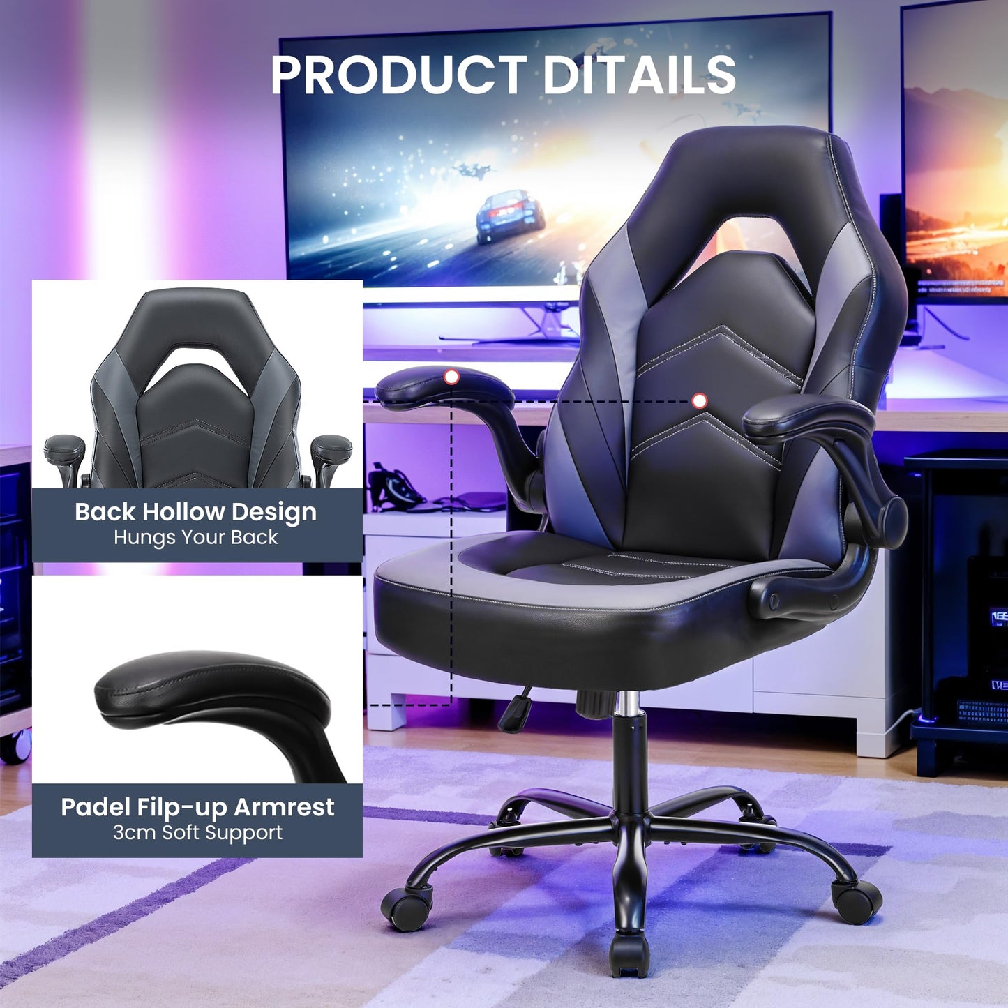 Gaming Chair, Backrest and Seat Height Adjustable Swivel Recliner Racing Office Computer Ergonomic Video Game Chair with Footrest and Lumbar Support