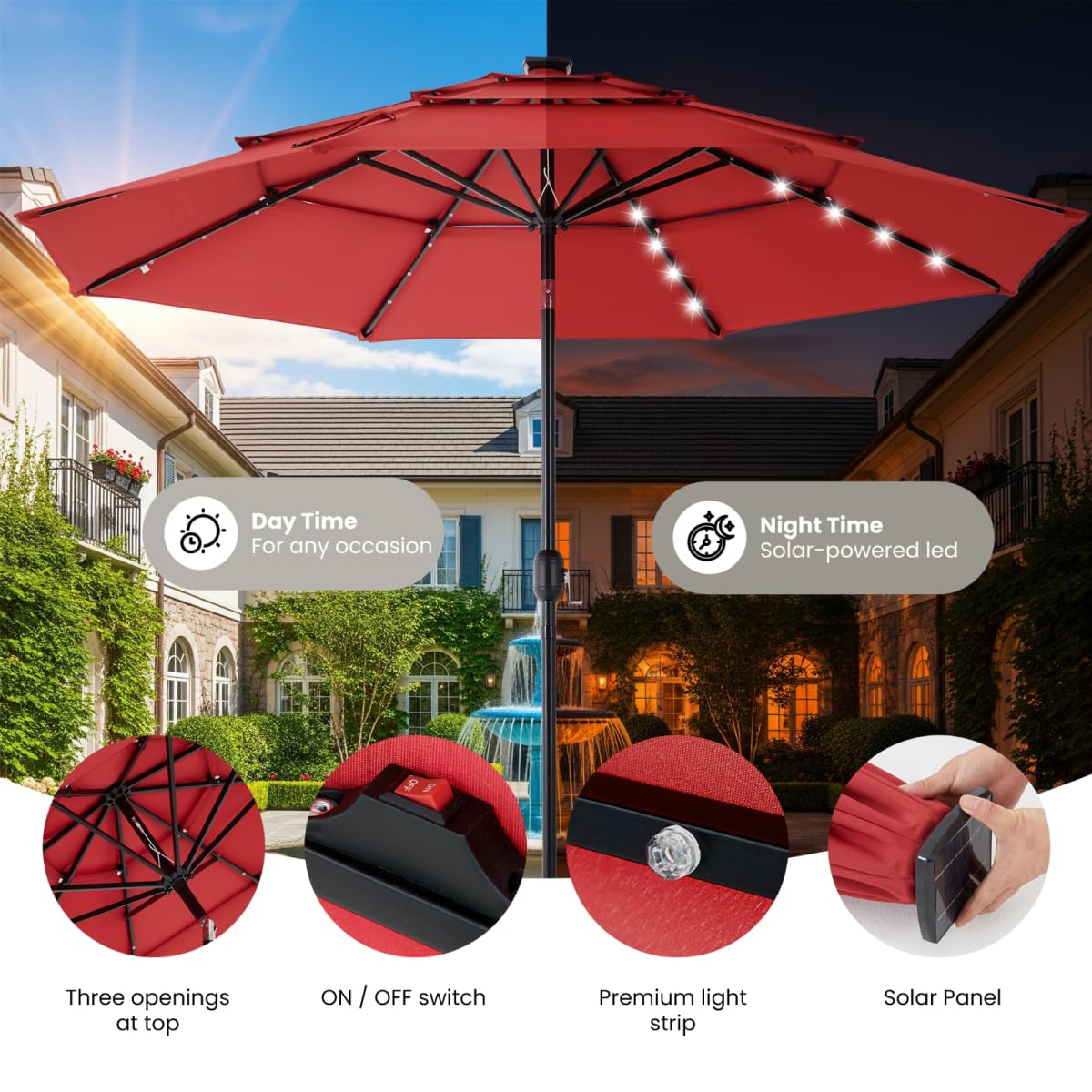 Simple Deluxe 10' 3-Tiers Solar Patio Umbrella 32 LED Lighted Table Market Umbrellas with Push Button Tilt/Crank Outdoor Umbrella for Garden, Deck, Backyard and Pool