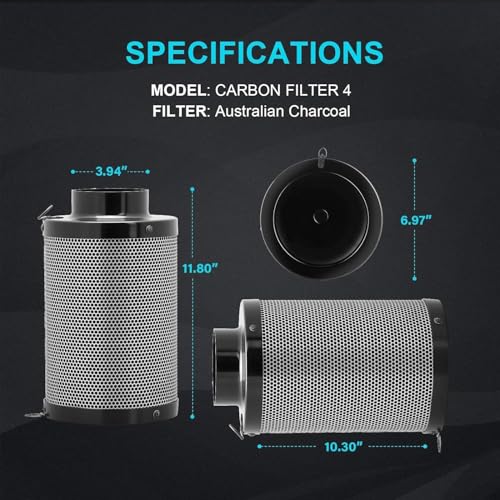 iPower 4 Inch Inline Fan, Air Carbon Filter, 8 Feet Aluminum 4 Layer Protection Ducting and Rope Hanger, Temperature Humidity Monitor, Combo for Grow Tent, Greenhouse, Kitchen, Basement