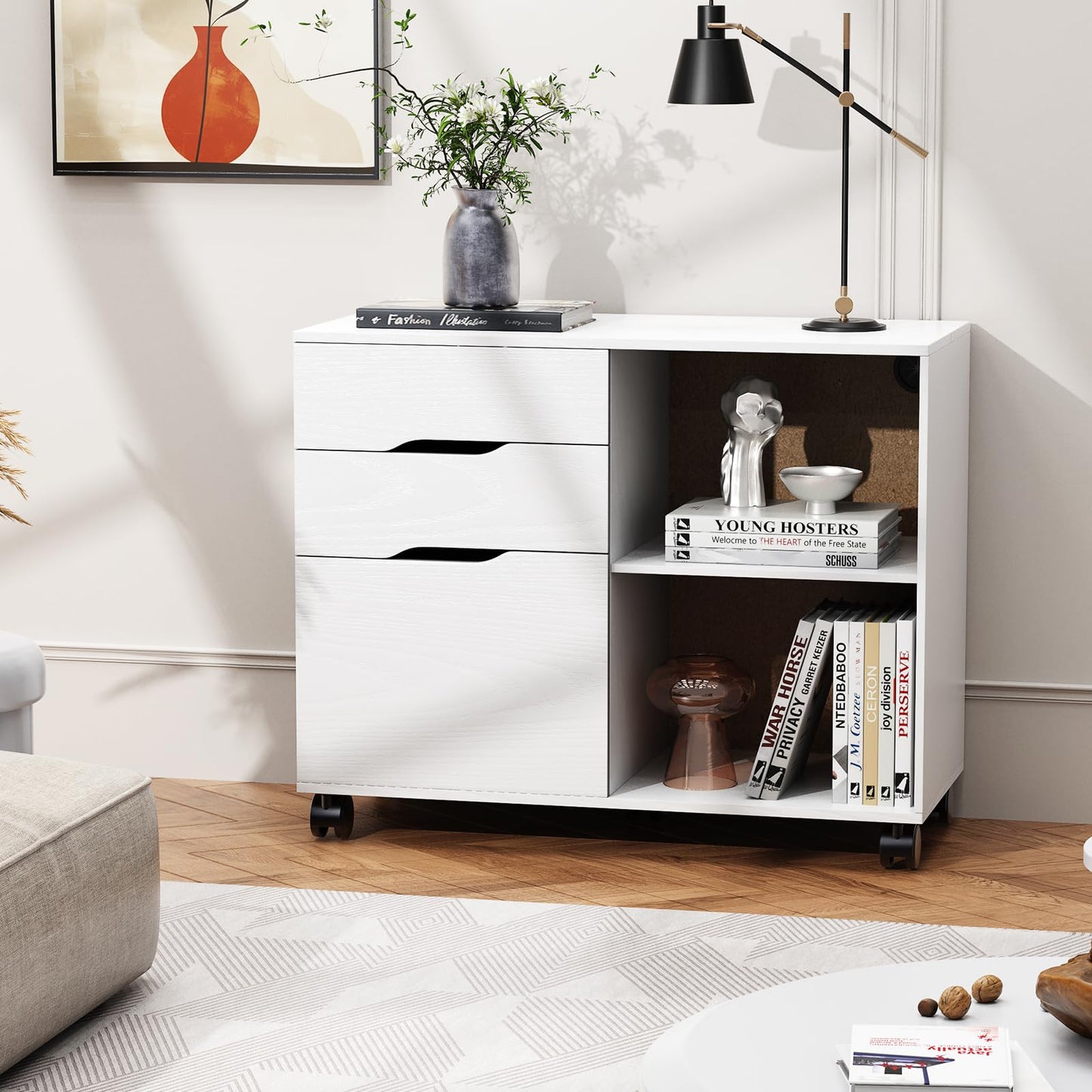 Simple Deluxe 3-Drawer File Cabinet, Lateral Mobile Filing Cabinet Wood Storage Organizer with Wheels