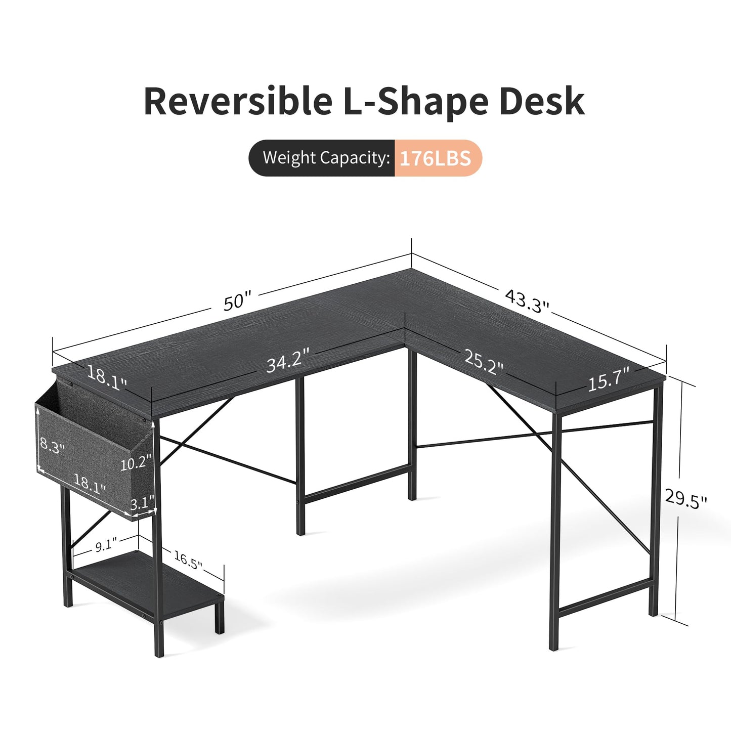 50-Inch Computer Gaming Corner L Shaped Desk, Sturdy Desk