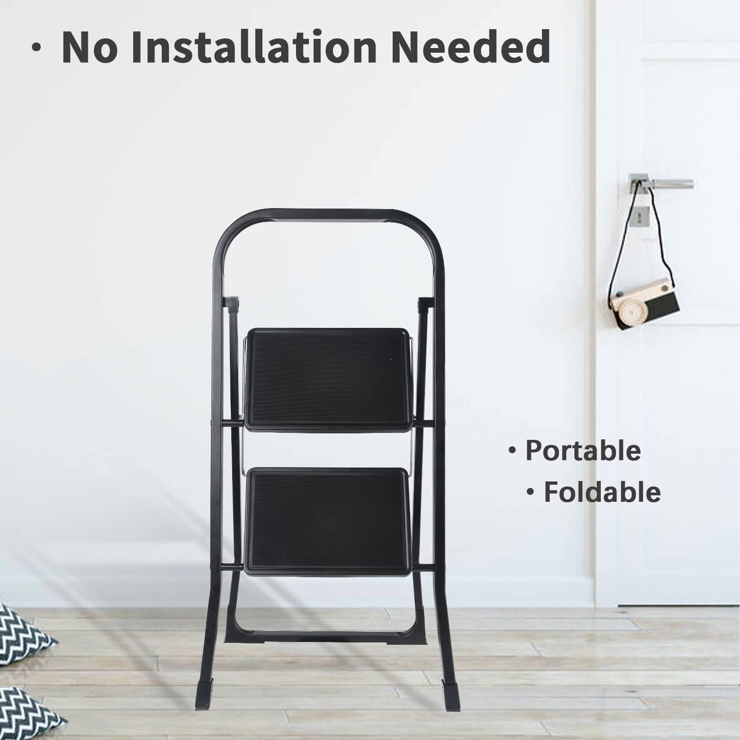 YSSOA 2 Step Ladder, Folding Step Stool with Wide Anti-Slip Pedal, 550 lbs Sturdy Steel Ladder, Convenient Handgrip, Lightweight, Portable Steel Step Stool, Black