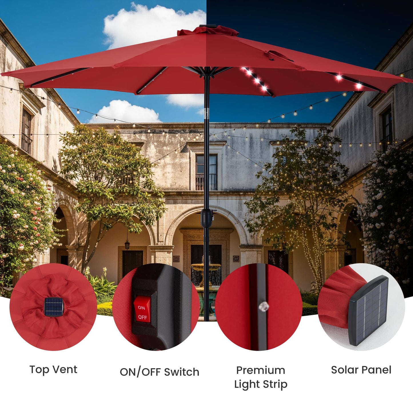 Simple Deluxe 10' Solar Patio Umbrella 32 LED Lighted Table Market Umbrellas with Push Button Tilt/Crank Outdoor Umbrella for Garden, Deck, Backyard and Pool