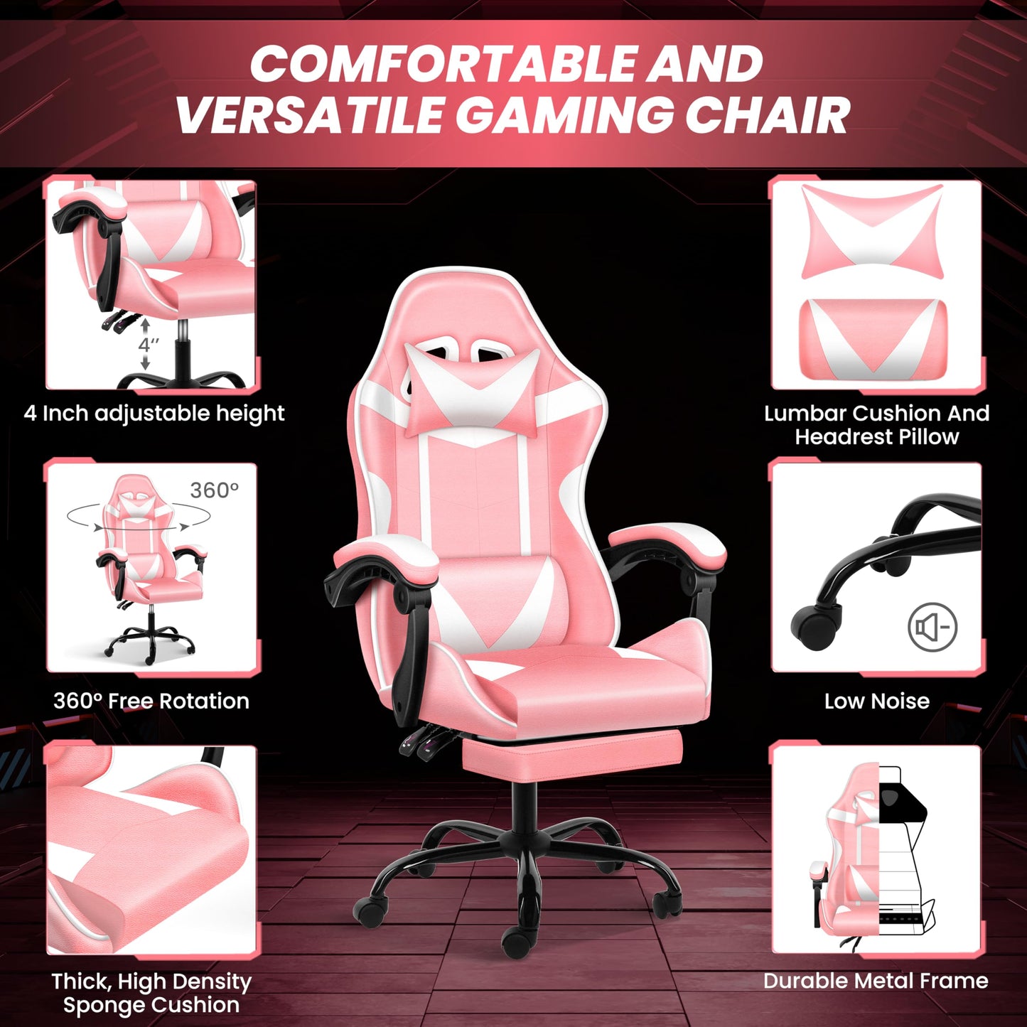 Gaming Chair with Footrest, Height Adjustable & 90°-135° Tilt Function, Swivel Recliner Ergonomic Racing Style Video Game Chair with Lumbar Support (1-Pink/White with Footrest)