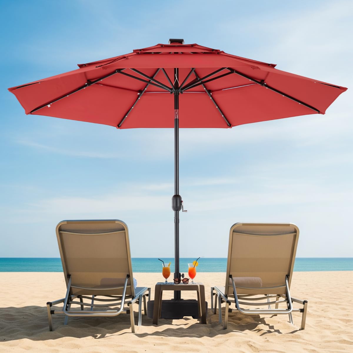 Simple Deluxe 10' 3-Tiers Solar Patio Umbrella 32 LED Lighted Table Market Umbrellas with Push Button Tilt/Crank Outdoor Umbrella for Garden, Deck, Backyard and Pool