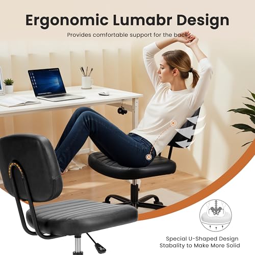 Small Office Chair, Armless Desk Chair with Wheels, Height Adjustable PU Leather Computer Task with Lumbar Support, 360° Swivel Rolling Chair No Arms for Small Space, Bedroom, Home, Office