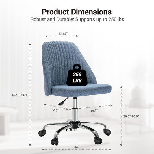 YSSOA Office Desk Chair with Back and Wheels Computer Fabric Chair Armless Adjustable Height Comfy Vanity Chair with Swivel Rolling Home Chairs for Bedroom Adult Blue