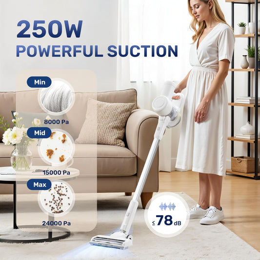 YSSOA Stick Cordless Vacuum Cleaner with 45 Mins Runtime, Lightweight Vac with LED, Electric Rechargeable Powerful Suction for Pet Hair, Hard Floor, Tile, White