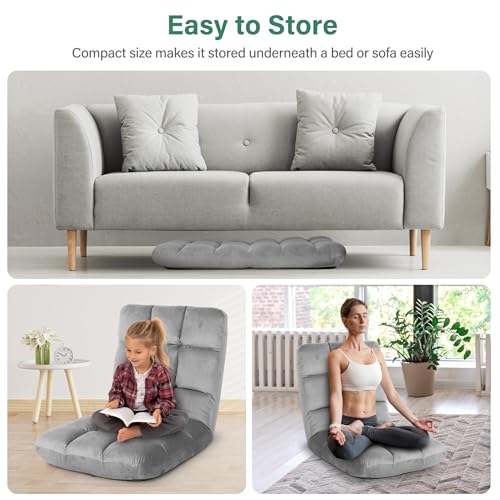 YSSOA Folding Floor Chair with Back Support Convertible Comfy Chair Recliner Memory Foam Padded Sleeper Sofa Chair for Bedroom Gaming Working Meditation Reading Adults Kids Grey