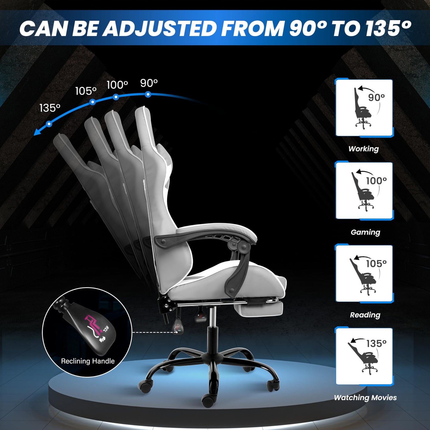 Gaming Chair, Backrest and Seat Height Adjustable Swivel Recliner Racing Office Computer Ergonomic Video Game Chair with Footrest and Lumbar Support