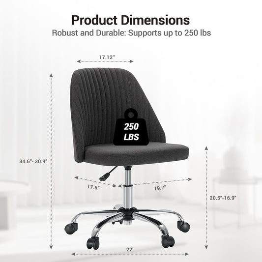 Simple Deluxe Office Desk Chair with Back and Wheels Computer Fabric Chair Armless Adjustable Height Comfy Vanity Chair with Swivel Rolling Home Chairs for Bedroom Adult Dark Grey