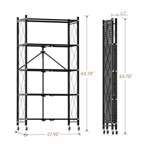 3-Tier Heavy Duty Foldable Metal Rack Storage Shelving Unit with Wheels Moving Easily Organizer Shelves Great for Garage Kitchen Holds up to 750 lbs Capacity, Black