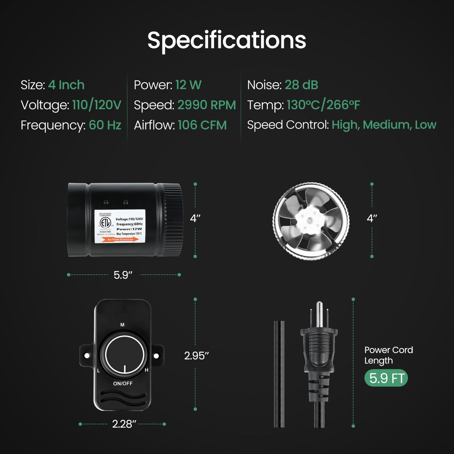 iPower Inline Duct Booster Fan with Speed Controller